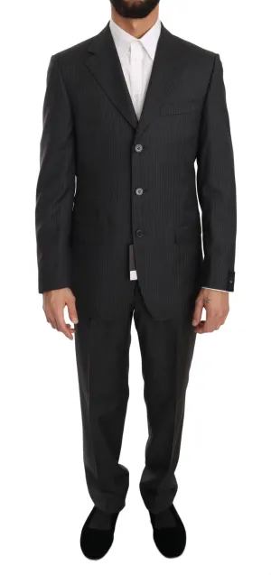 Gray Two Piece 3 Button Wool Striped Suit