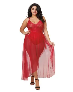 Lace Teddy and Mesh Skirt - Rouge - Size